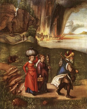 Oil durer, albrecht Painting - Lot Fleeing with his Daughters from Sodom    c. 1498 by Durer, Albrecht