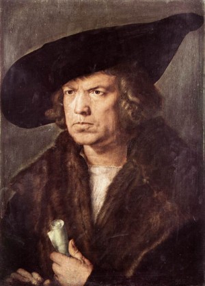 Oil portrait Painting - Portrait of a Man with Baret and Scroll   1521 by Durer, Albrecht