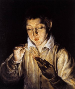 Oil el greco Painting - A Boy Blowing on an Ember to Light a Candle     1570-72 by El Greco