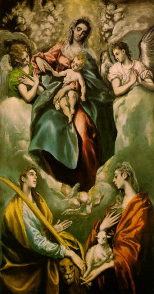 Oil madonna Painting - Madonna and Child with St. Martina and St. Agnes  1597-99 by El Greco
