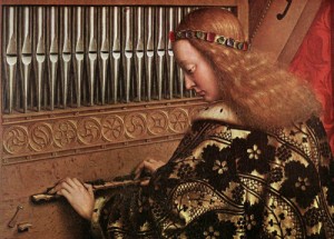 Oil eyck, jan van Painting - The Ghent Altarpiece, Angels Playing Music  1426-27 by Eyck, Jan van