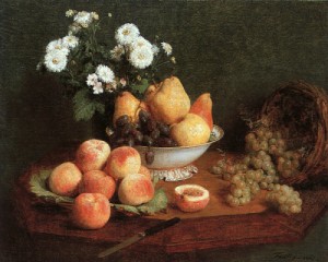 Oil fantin-latour, henri Painting - Flowers & Fruit on a Table  1865 by Fantin-Latour, Henri