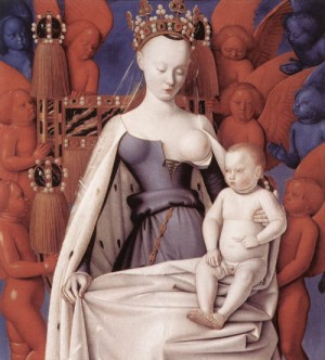 Oil fouquet, jean Painting - Virgin and Child Surrounded by Angels    c. 1450 by Fouquet, Jean