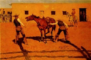 Oil frederic remington Painting - His First Lesson by Frederic Remington