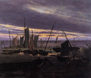 Oil friedrich, caspar david Painting - Boats in the Harbour at Evening   c. 1828 by Friedrich, Caspar David