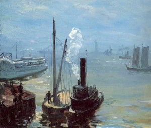 Oil glackens, william Painting - Tugboat and Lighter   1904-05 by Glackens, William