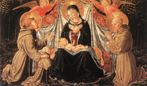 Madonna and Child with Sts Francis and Bernardine, and Fra Jacopo    c. 1452 by Gozzoli, Benozzo