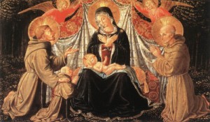 Oil gozzoli, benozzo Painting - Madonna and Child with Sts Francis and Bernardine, and Fra Jacopo    c. 1452 by Gozzoli, Benozzo