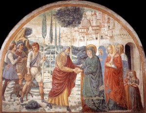 Oil gozzoli, benozzo Painting - Meeting at the Golden Gate  1491 by Gozzoli, Benozzo
