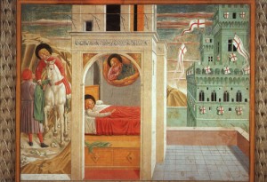 Oil gozzoli, benozzo Painting - St. Francis Giving Away his Clothes and the Vision of the Church Militant and Triumphant  1452 by Gozzoli, Benozzo