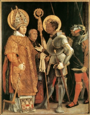 Oil grunewald, matthias Painting - Meeting of St Erasm and St Maurice    1517-23 by Grunewald, Matthias