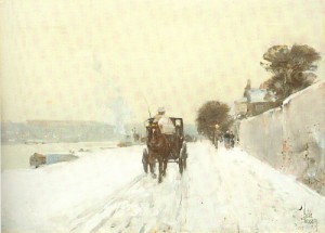 Oil the Painting - Along the Seine , Winter   1887 by Hassam, Childe