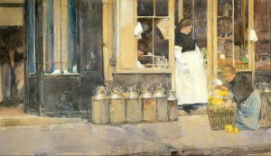 Oil hassam, childe Painting - La Bouquetiere et la Laitiere   1888 by Hassam, Childe