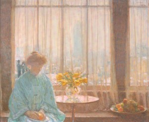 Oil the Painting - The Breakfast Room, Winter Morning   1911 by Hassam, Childe