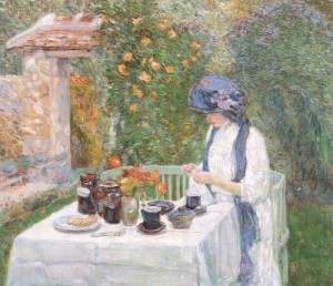 Oil the Painting - The Terre-Cuite Tea Set   1910 by Hassam, Childe