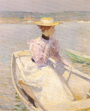 Oil the Painting - The White Dory, Gloucester  1895 by Hassam, Childe