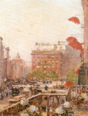 Oil hassam, childe Painting - View of Broadway and Fifth Avenue   1890 by Hassam, Childe