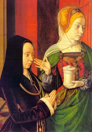 Oil hey, jean (master of moulins) Painting - Madeleine of Burgundy Presented by Saint Mary Magdalene, 1490 by Hey, Jean (Master of Moulins)