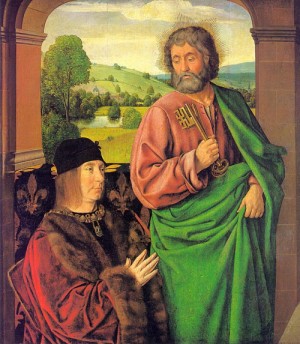 Oil hey, jean (master of moulins) Painting - Pierre II- Duke of Bourbon, Presented by St. Peter, 1492-93 by Hey, Jean (Master of Moulins)