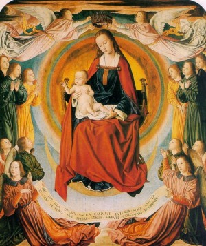 Oil hey, jean (master of moulins) Painting - The Virgin in Glory Surrounded by Angels 1489-99 by Hey, Jean (Master of Moulins)