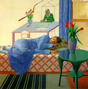 Oil hockney, david Painting - Model with Unfinished Self-Portrait   1977 by Hockney, David