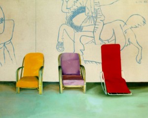 Oil hockney, david Painting - Three Chairs with a Section of a Picasso Mural  1970 by Hockney, David