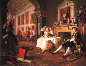 Oil hogarth, william Painting - Marriage a la Mode- Scene II; Early in the Morning, 1743 by Hogarth, William