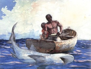Oil homer, winslow Painting - Shark Fishing, 1885 by Homer, Winslow