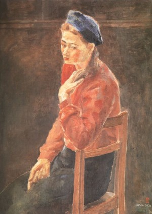 Oil woman Painting - A Woman in a Beret  1948 by Ji, Byun Shi