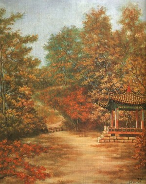 Oil ji, byun shi Painting - An Arbor in Autumn, 1970 by Ji, Byun Shi