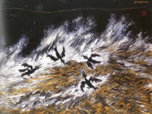 Oil ji, byun shi Painting - Crows in the Wild Wind by Ji, Byun Shi