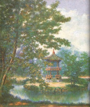Oil landscape Painting - Landscape with Palace, 1967 by Ji, Byun Shi