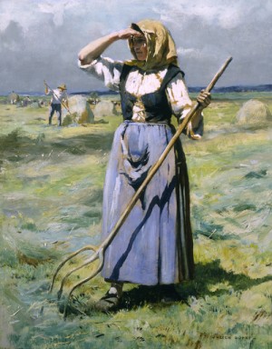 Oil julien dupre Painting - Femme au soleil - faneuse by Julien Dupre