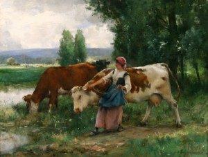 Oil julien dupre Painting - Femme et vaches par l'eau by Julien Dupre