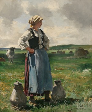 Oil julien dupre Painting - Milkmaid in Normandy by Julien Dupre
