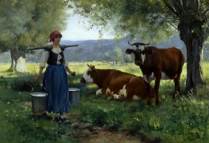 Oil julien dupre Painting - Milkmaid with Cows by Julien Dupre