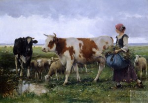 Oil animals Painting - Peasant Woman with Cows and Sheep by Julien Dupre