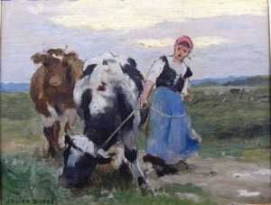 Oil animals Painting - Tending The Cows by Julien Dupre
