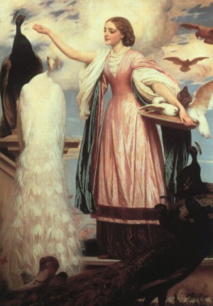 Oil girl Painting - A Girl Feeding Peacocks, exhibited 1863 by Leighton, Frederic, Lord