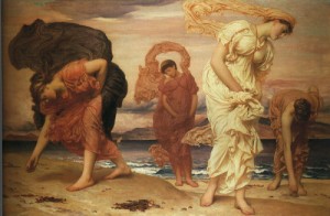 Oil sea Painting - Greek Girls picking up Pebbles by the Sea, exhibited 1871 by Leighton, Frederic, Lord