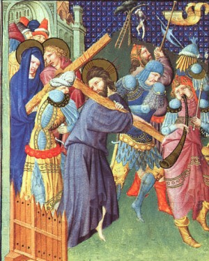 Oil limbourg brothers Painting - Belles Heures de Duc du Berry- Folio 138v- The Way to Calvary, 1408-09 by Limbourg Brothers