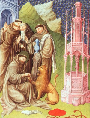 Oil limbourg brothers Painting - Belles Heures de Duc du Berry- Folio 186v- St. Jerome Extracting a Thorn, 1408-09 by Limbourg Brothers