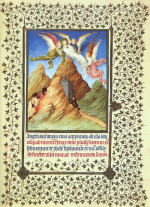 Oil limbourg brothers Painting - Belles Heures de Duc du Berry- Folio 20- St. Catherine's Body Carried to Mt. Sinai, 1408-09 by Limbourg Brothers