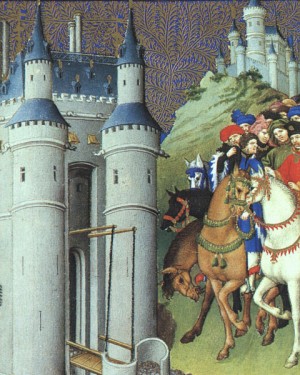 Oil limbourg brothers Painting - Belles Heures de Duc du Berry- Folio 223v- The Duke on a Journey, 1408-09 by Limbourg Brothers