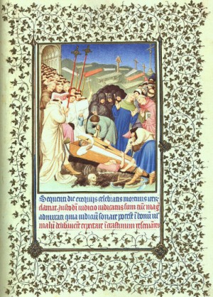 Oil limbourg brothers Painting - Belles Heures de Duc du Berry- Folio 95- The Burial of Diocres, 1408-09 by Limbourg Brothers