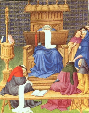 Oil limbourg brothers Painting - Belles Heures de Duc du Berry- Folio94- Diocres Expounding the Scriptures, 1408-09 by Limbourg Brothers
