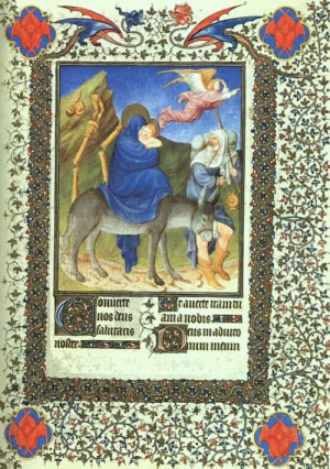 Oil limbourg brothers Painting - elles Heures de Duc du Berry- Folio 63- The Flight into Egypt, 1408-09 by Limbourg Brothers