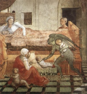 Oil lippi, fra filippo Painting - St Stephen is Born and Replaced by Another Child 1452-65 by Lippi, Fra Filippo