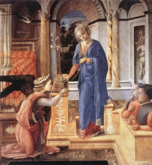 Oil lippi, fra filippo Painting - The Annunciation with two Kneeling Donors    c. 1440 by Lippi, Fra Filippo