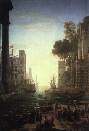 Oil landscape Painting - Landscape with the Embarkation of Saint Paula Romana at Ostia, 1639 by Lorrain, Claude